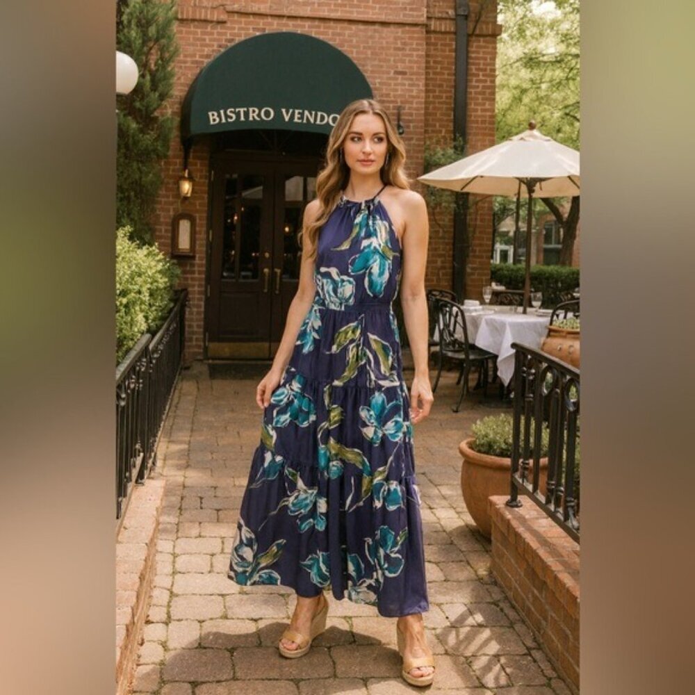 Nicole Miller NEW YORK Women's SMALL Satin Maxi‎ Dress Smocked Tiered Floral